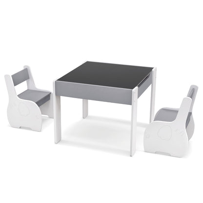 Table et chaises pour enfants en bois 4-en-1, avec rangement, tableau noir amovible, gris