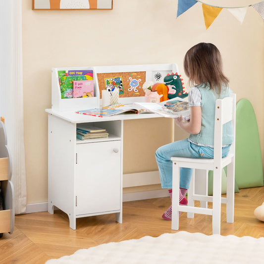 Wooden Kids Study Desk and Chair Set with Storage Cabinet and Bulletin Board, White - Gallery Canada