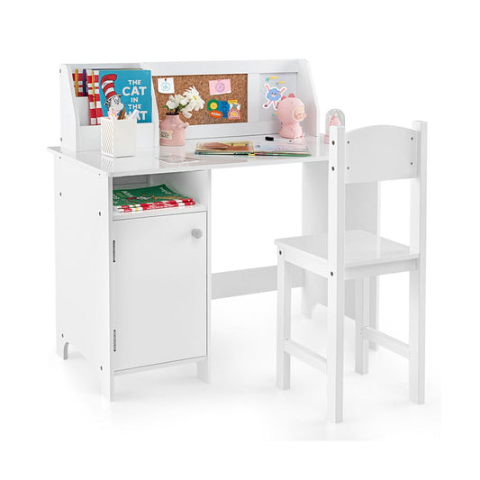 Wooden Kids Study Desk and Chair Set with Storage Cabinet and Bulletin Board, White - Gallery Canada