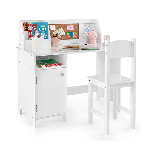 Wooden Kids Study Desk and Chair Set with Storage Cabinet and Bulletin Board, White