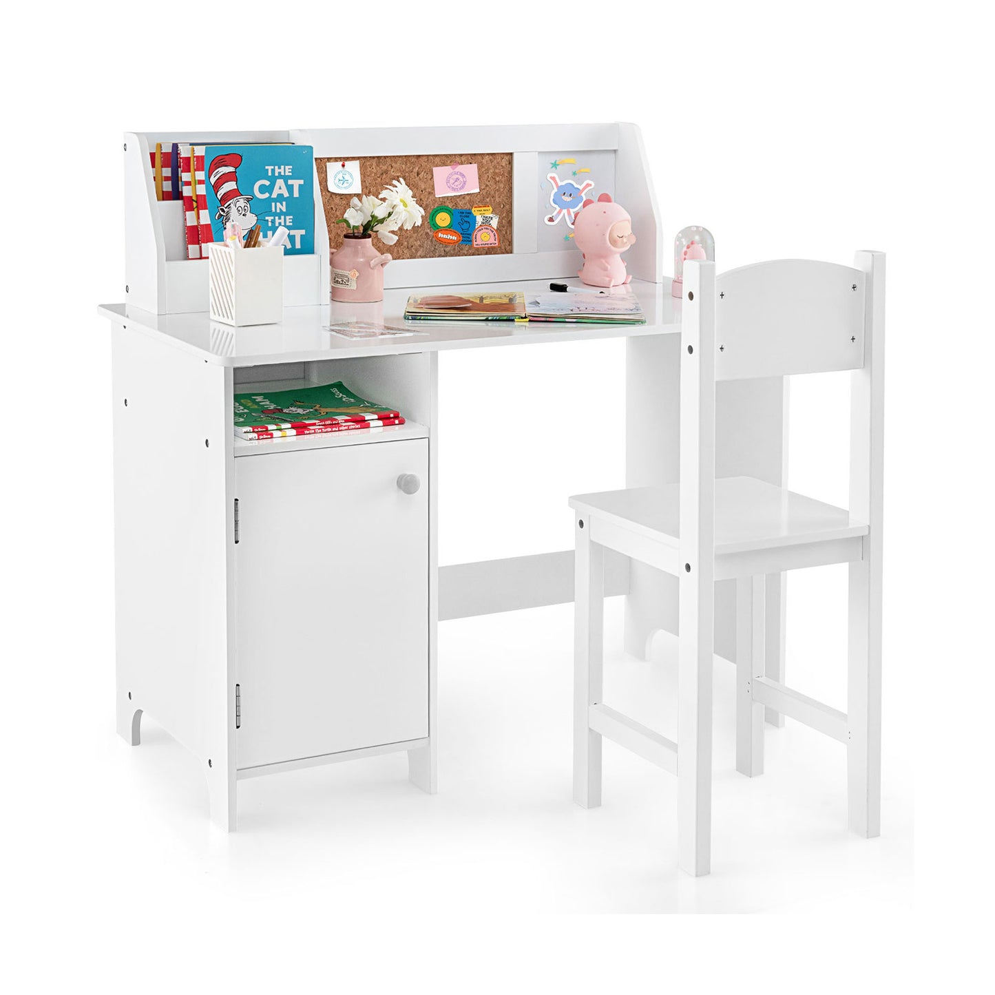 Ensemble Bureau et Chaise d'Étude pour Enfants en Bois, Armoire de Rangement Tableau d'Affichage, Blanc