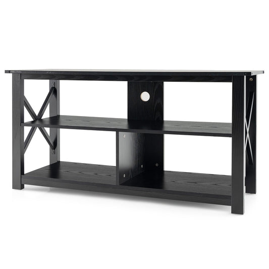 3 Tier Wood TV Stand for 55-Inch with Open Shelves and X-Shaped Frame, Black - Gallery Canada
