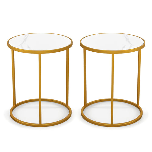 16 Inch Marble Top Round Side Table with Golden Metal Frame for Living Room Bedroom-Set of 2, Golden