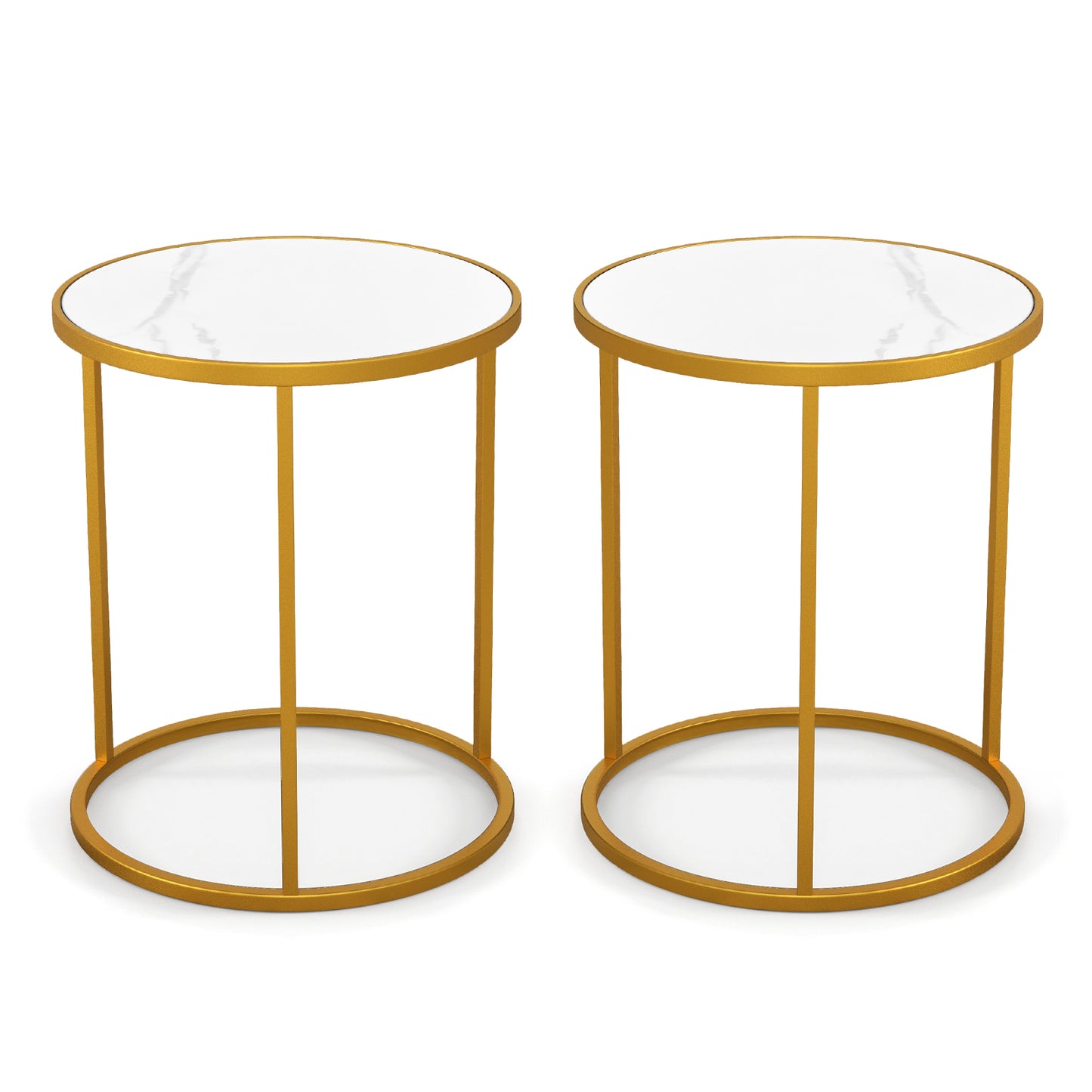 16 Inch Marble Top Round Side Table with Golden Metal Frame for Living Room Bedroom-Set of 2, Golden End & Side Tables at Gallery Canada