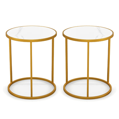 16 Inch Marble Top Round Side Table with Golden Metal Frame for Living Room Bedroom-Set of 2, Golden End & Side Tables at Gallery Canada