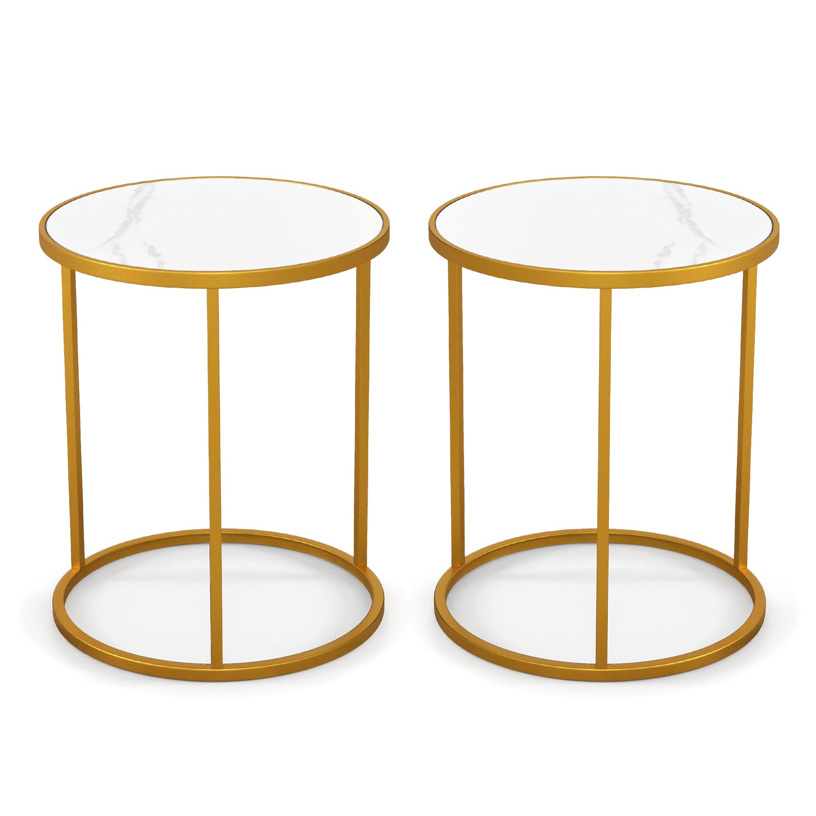 16 Inch Marble Top Round Side Table, Metal Frame, Set of 2, Golden End & Side Tables Golden at Gallery Canada