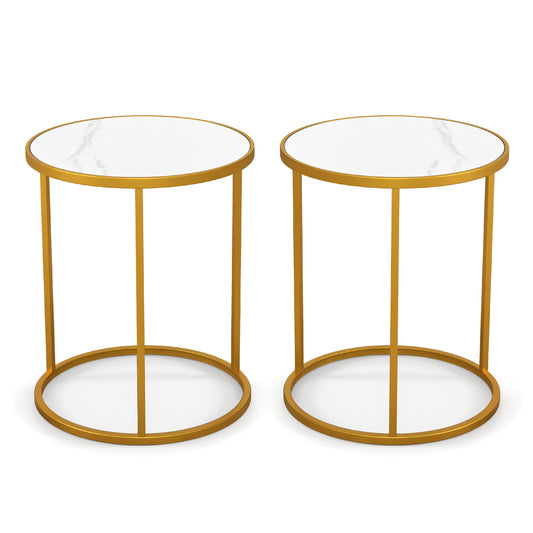 16 Inch Marble Top Round Side Table, Metal Frame, Set of 2, Golden End & Side Tables Golden at Gallery Canada