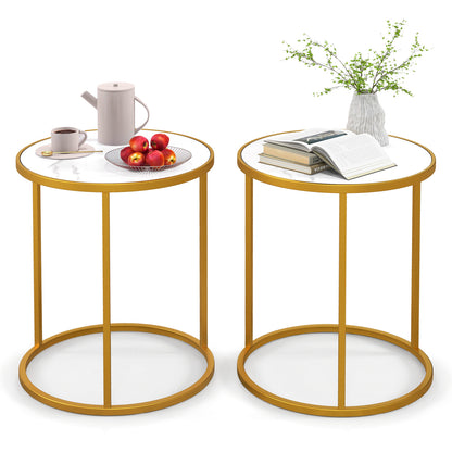 16 Inch Marble Top Round Side Table with Golden Metal Frame for Living Room Bedroom-Set of 2, Golden End & Side Tables at Gallery Canada