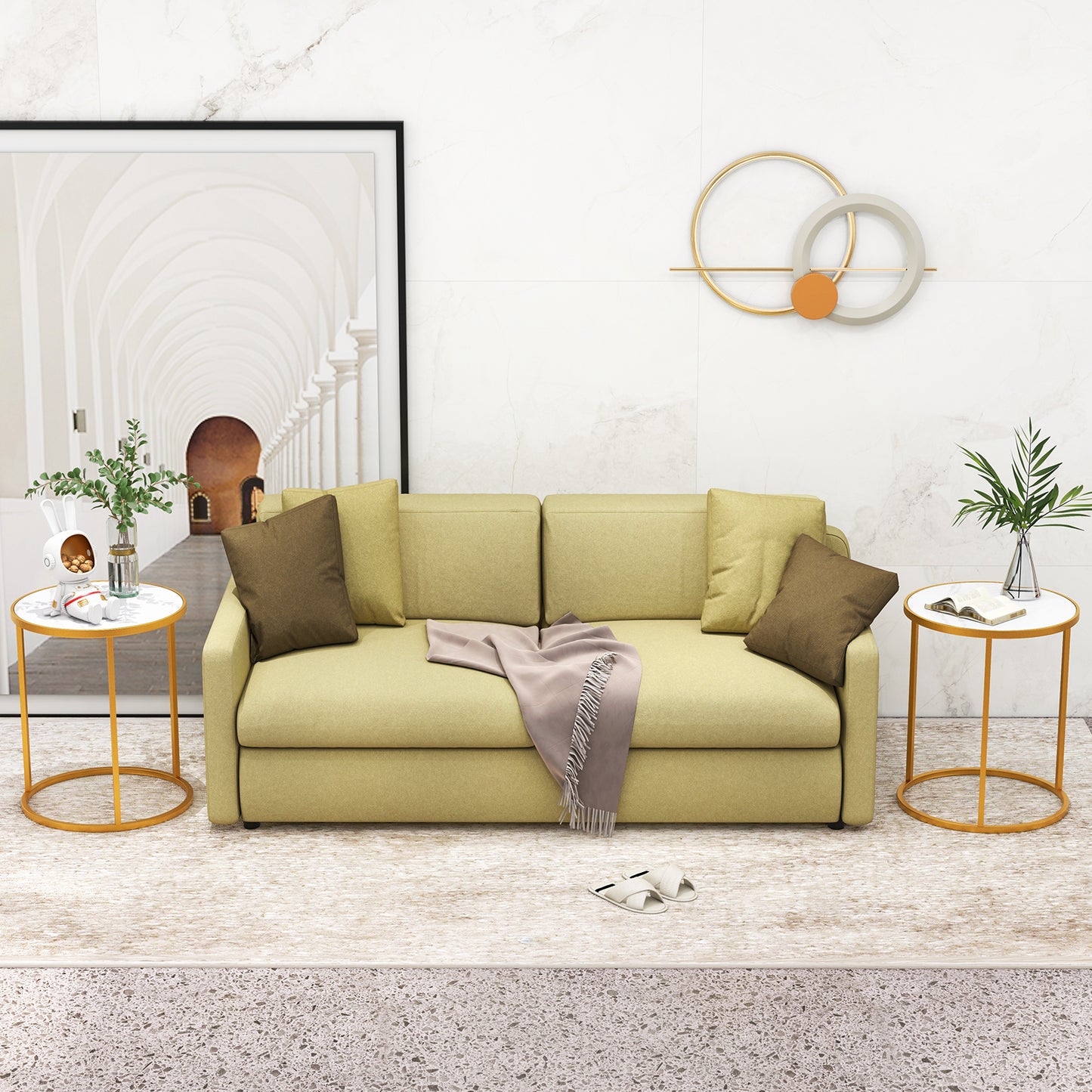 16 Inch Marble Top Round Side Table with Golden Metal Frame for Living Room Bedroom-Set of 2, Golden End & Side Tables at Gallery Canada