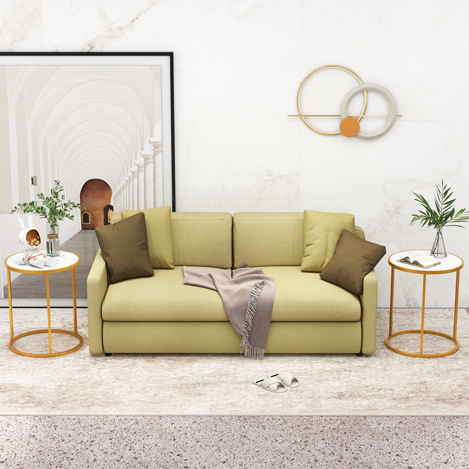 16 Inch Marble Top Round Side Table with Golden Metal Frame for Living Room Bedroom-Set of 2, Golden End & Side Tables at Gallery Canada