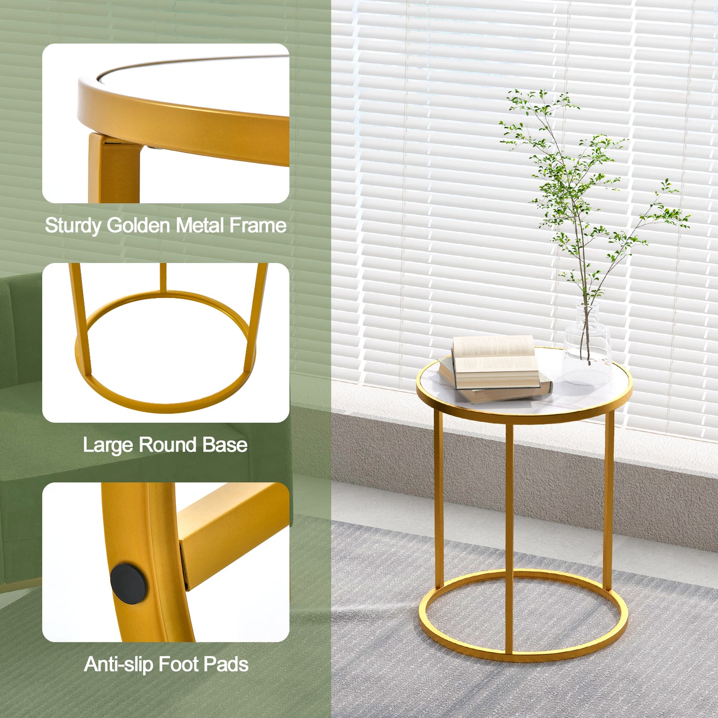 16 Inch Marble Top Round Side Table with Golden Metal Frame for Living Room Bedroom-Set of 2, Golden End & Side Tables at Gallery Canada