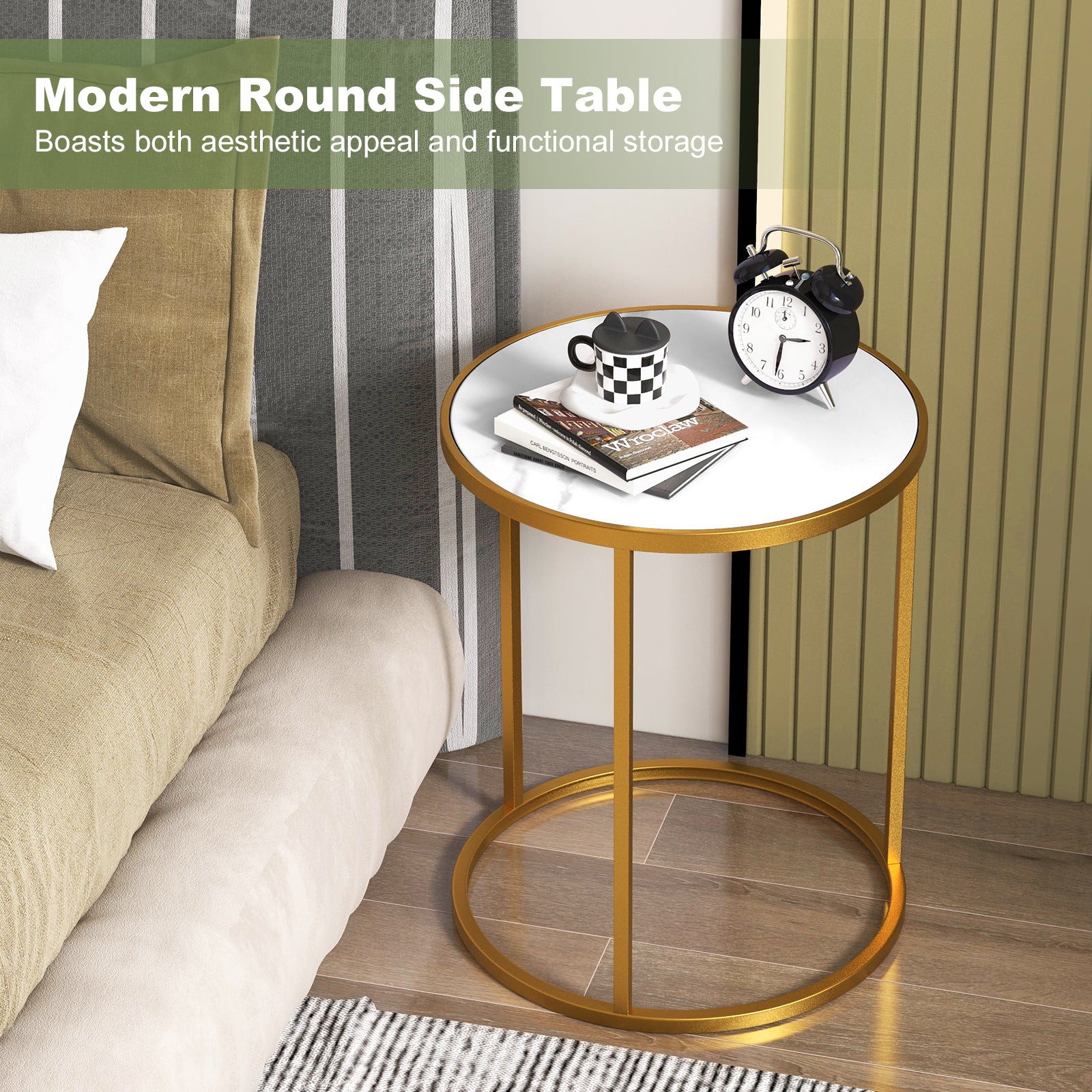 16 Inch Marble Top Round Side Table with Golden Metal Frame for Living Room Bedroom-Set of 2, Golden End & Side Tables at Gallery Canada