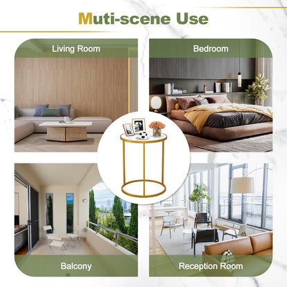 16 Inch Marble Top Round Side Table with Golden Metal Frame for Living Room Bedroom-Set of 2, Golden End & Side Tables at Gallery Canada