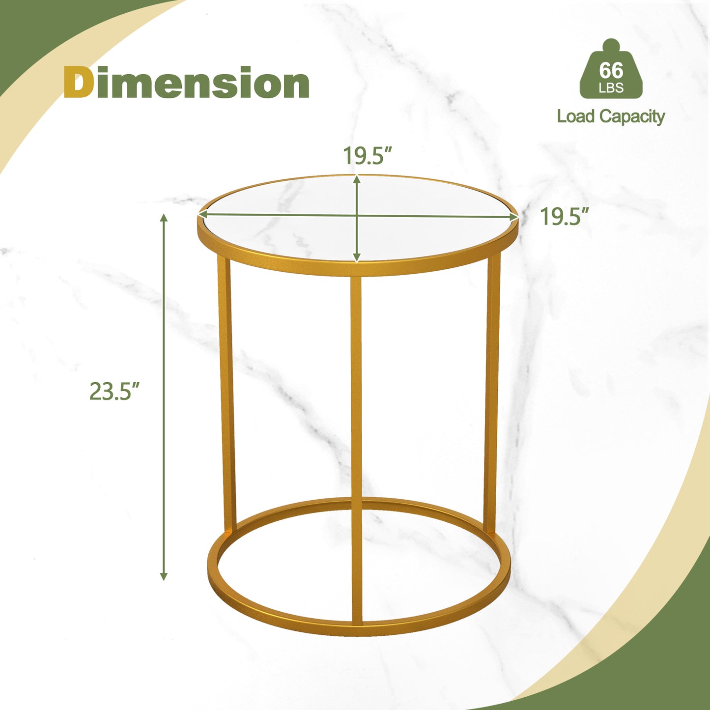 16 Inch Marble Top Round Side Table with Golden Metal Frame for Living Room Bedroom-Set of 2, Golden End & Side Tables at Gallery Canada