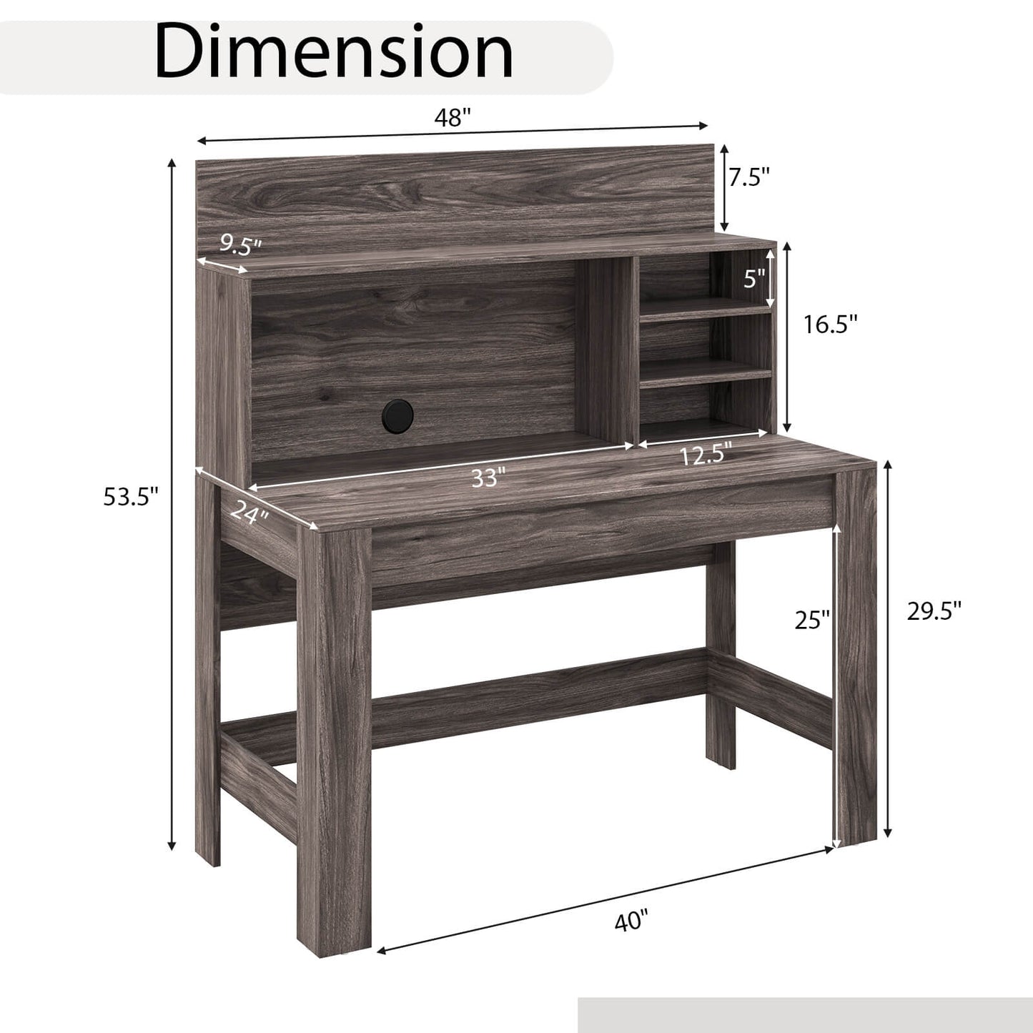 48 Inch Writing Computer Desk with Anti-Tipping Kits and Cable Management Hole, Rustic Brown - Gallery Canada