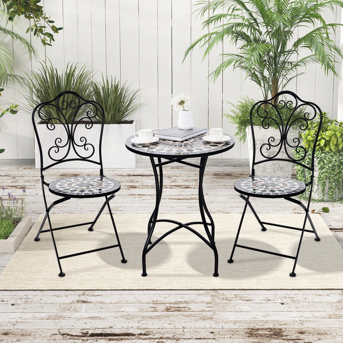 3 Piece Patio Bistro Set with Round Table and 2 Folding Chairs, Gray Patio Dining Sets at Gallery Canada
