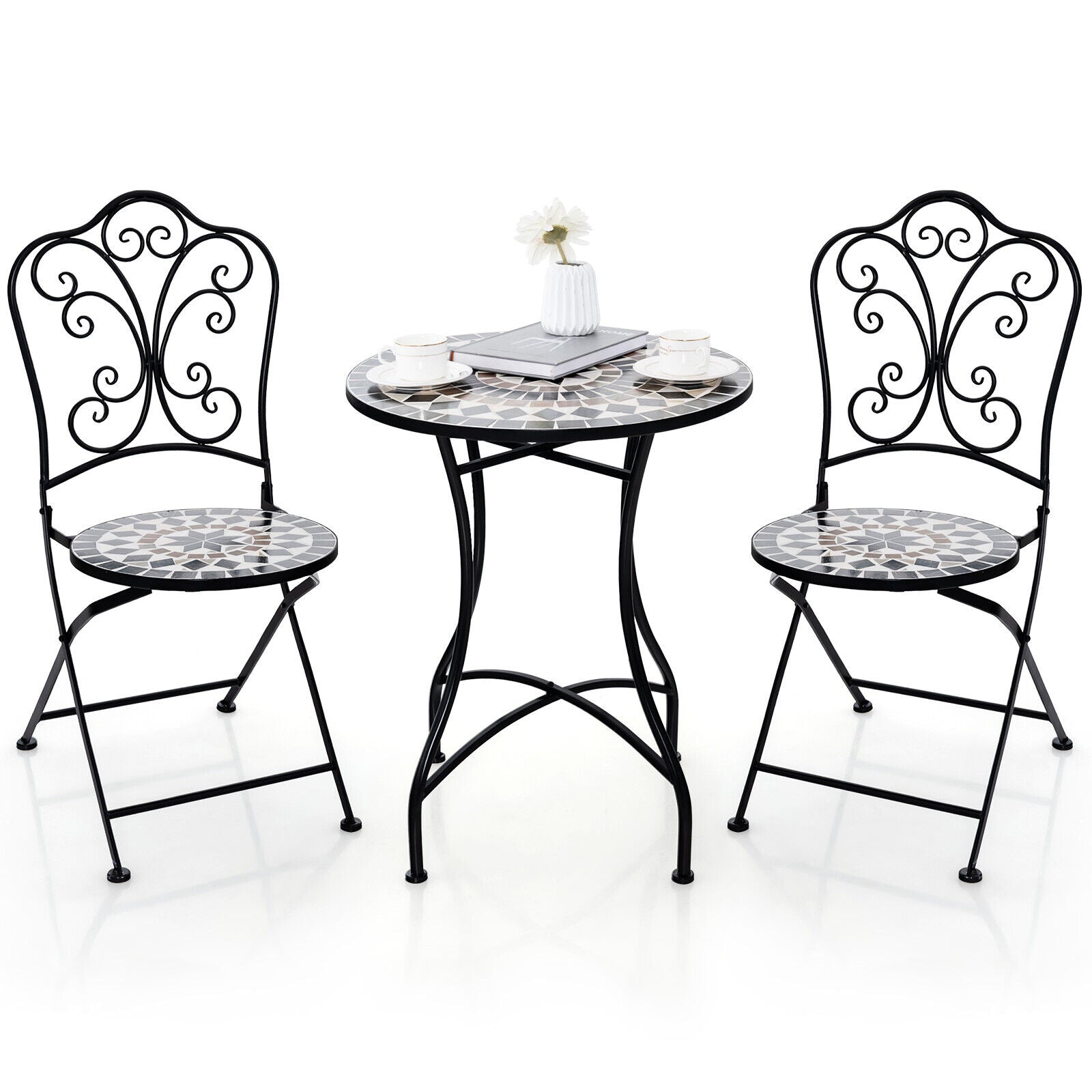 3 Piece Patio Bistro Set with Round Table and 2 Folding Chairs, Gray Patio Dining Sets Gray at Gallery Canada