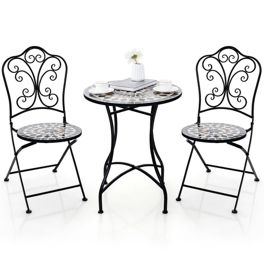 3 Piece Patio Bistro Set, Round Table, 2 Folding Chairs, Gray