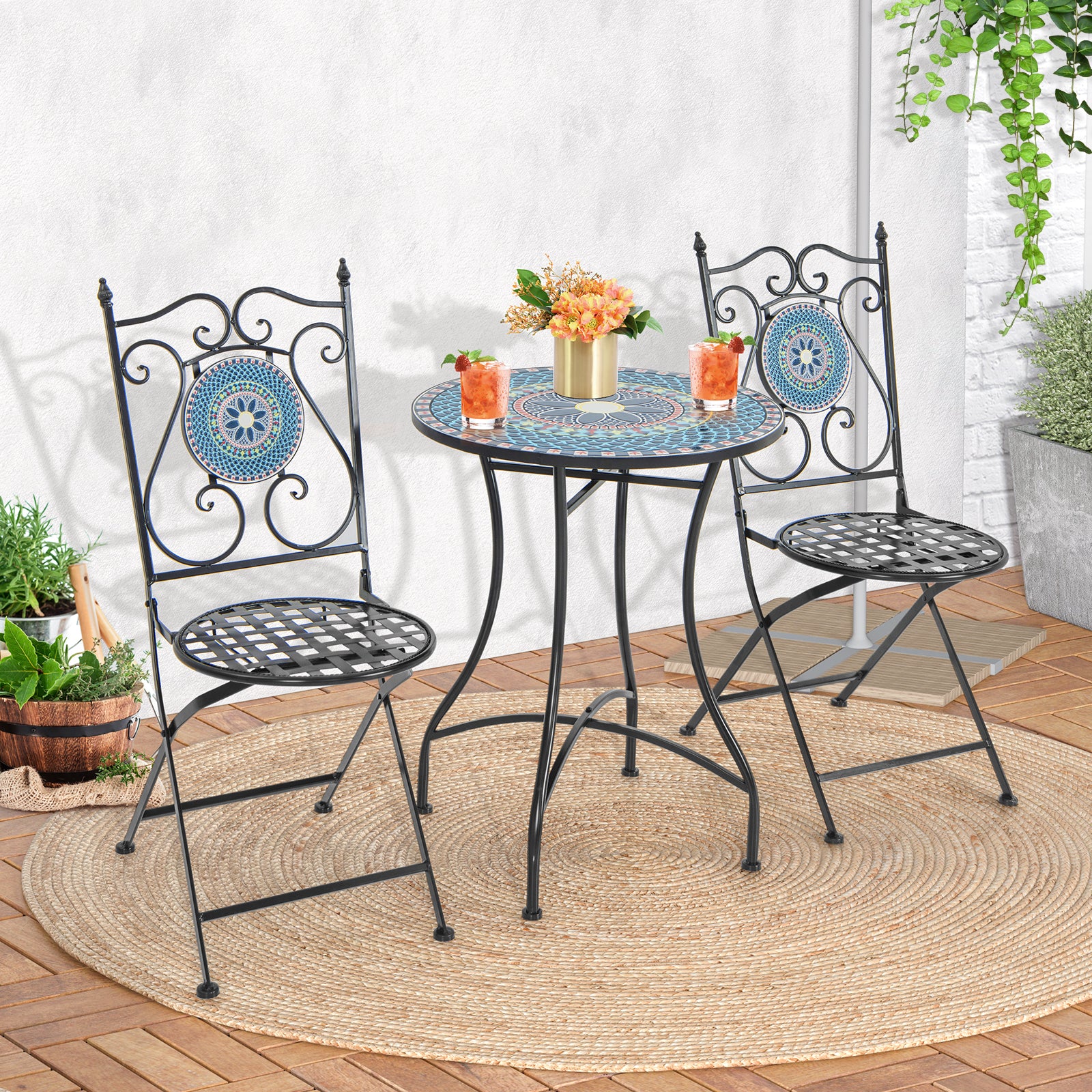 Set of 2 Mosaic Chairs for Patio Metal Folding Chairs-A, Black Patio Dining Chairs at Gallery Canada