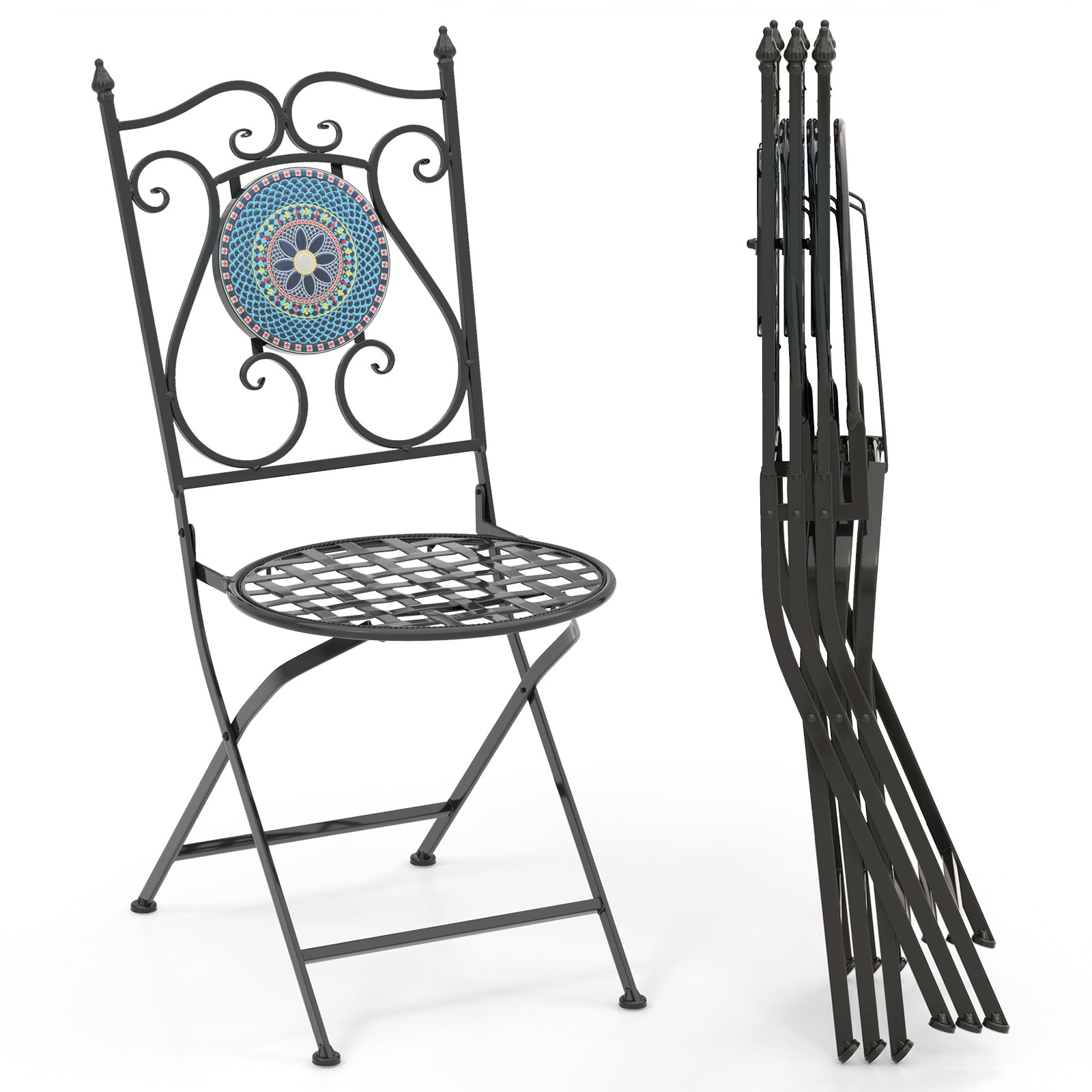 Set of 2 Mosaic Chairs for Patio Metal Folding Chairs-A, Black Patio Dining Chairs at Gallery Canada