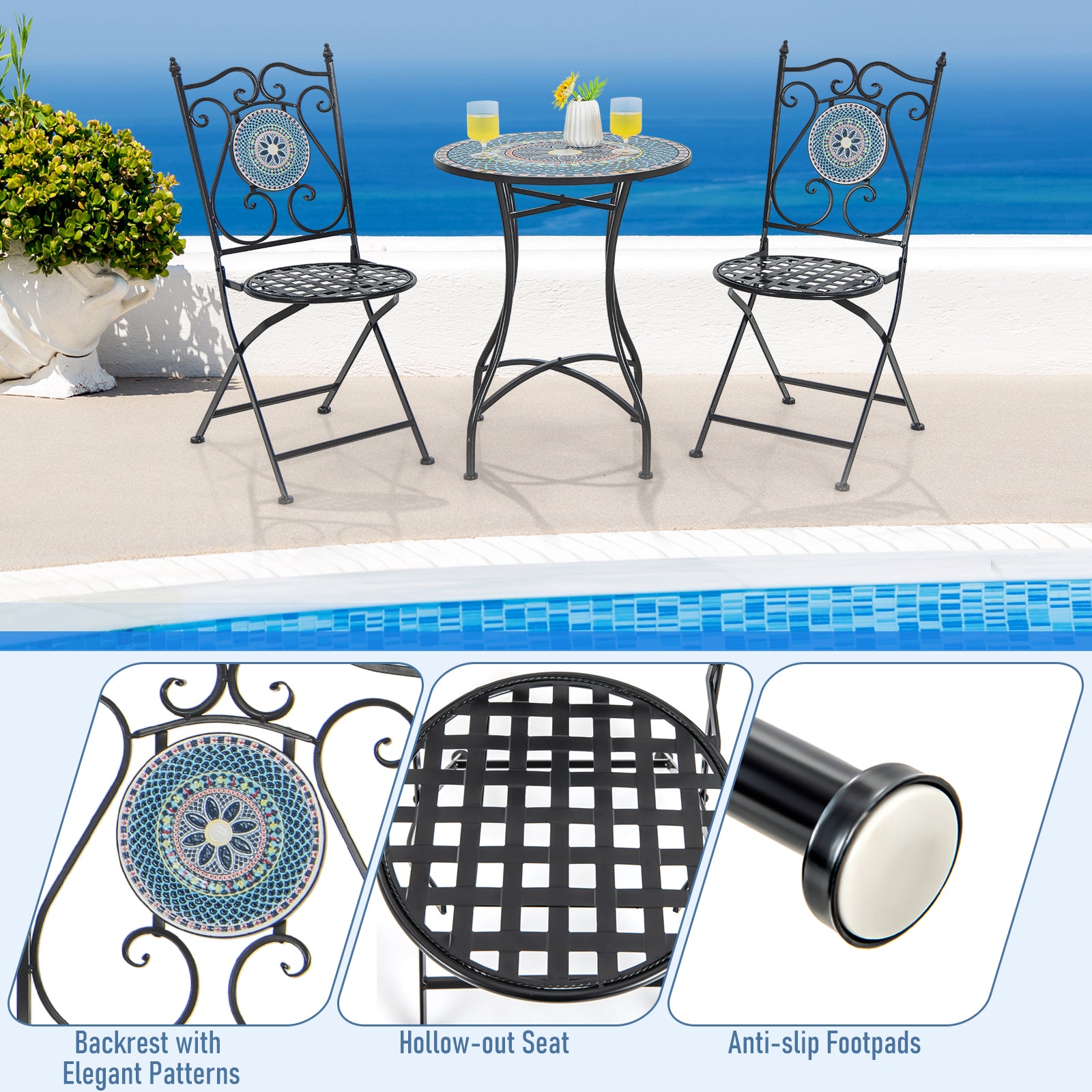 Set of 2 Mosaic Chairs for Patio Metal Folding Chairs-A, Black Patio Dining Chairs at Gallery Canada