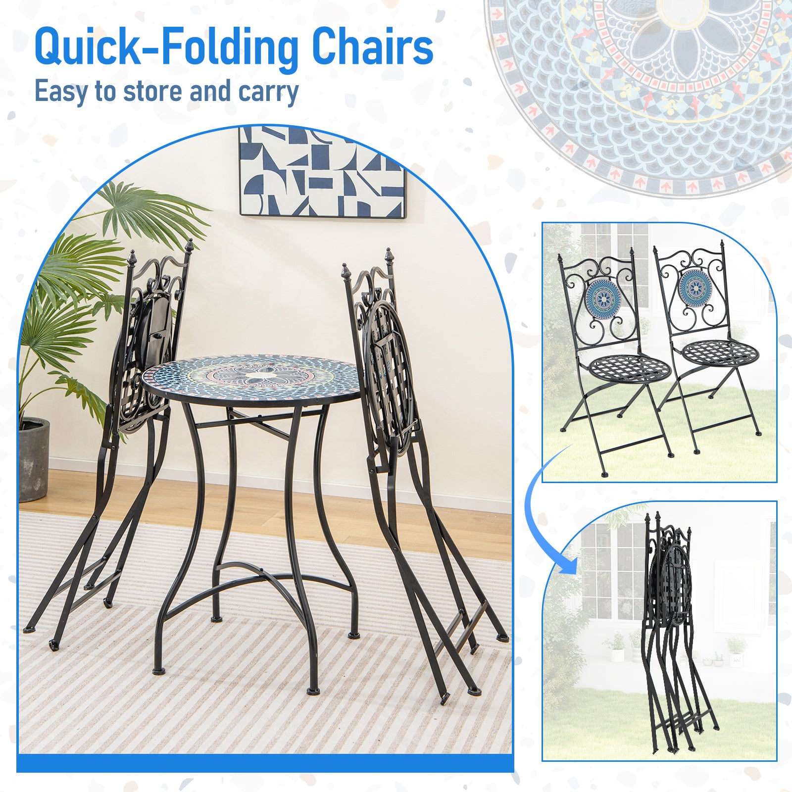 Set of 2 Mosaic Chairs for Patio Metal Folding Chairs-A, Black Patio Dining Chairs at Gallery Canada