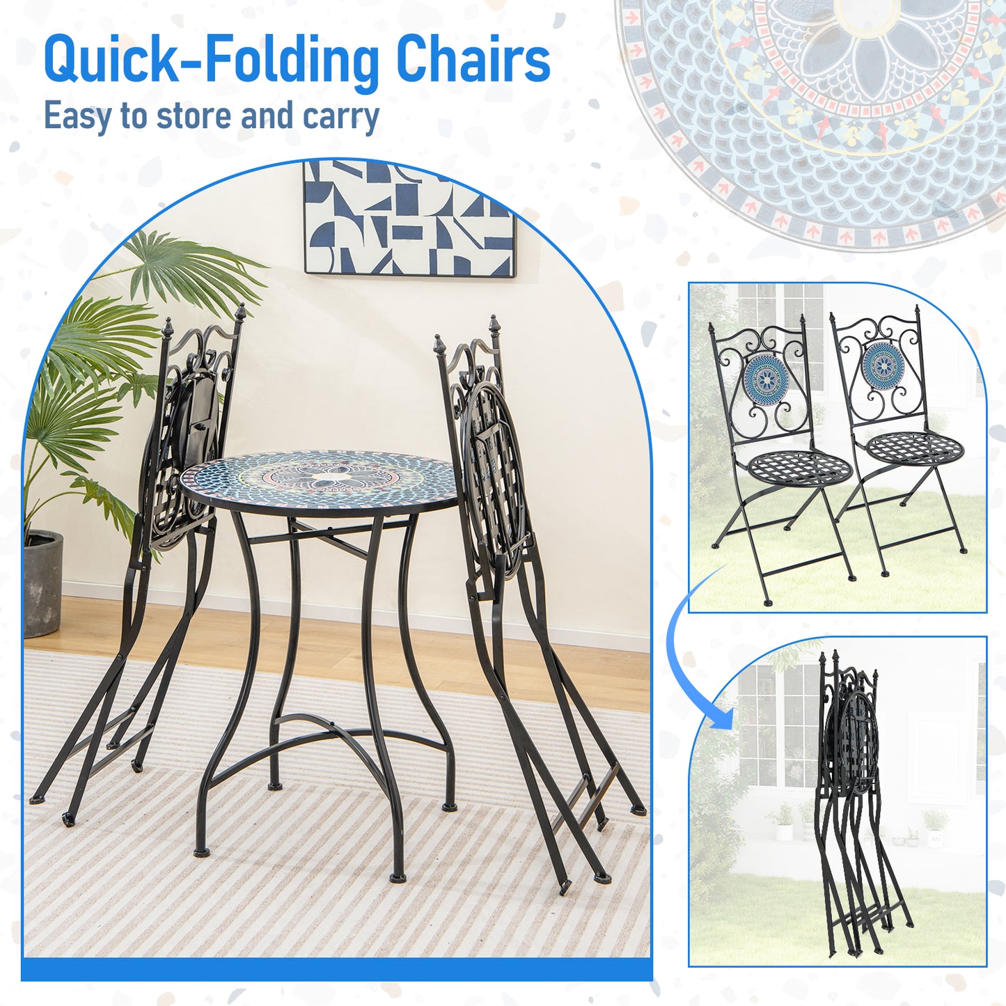 Set of 2 Mosaic Chairs for Patio Metal Folding Chairs-A, Black Patio Dining Chairs at Gallery Canada