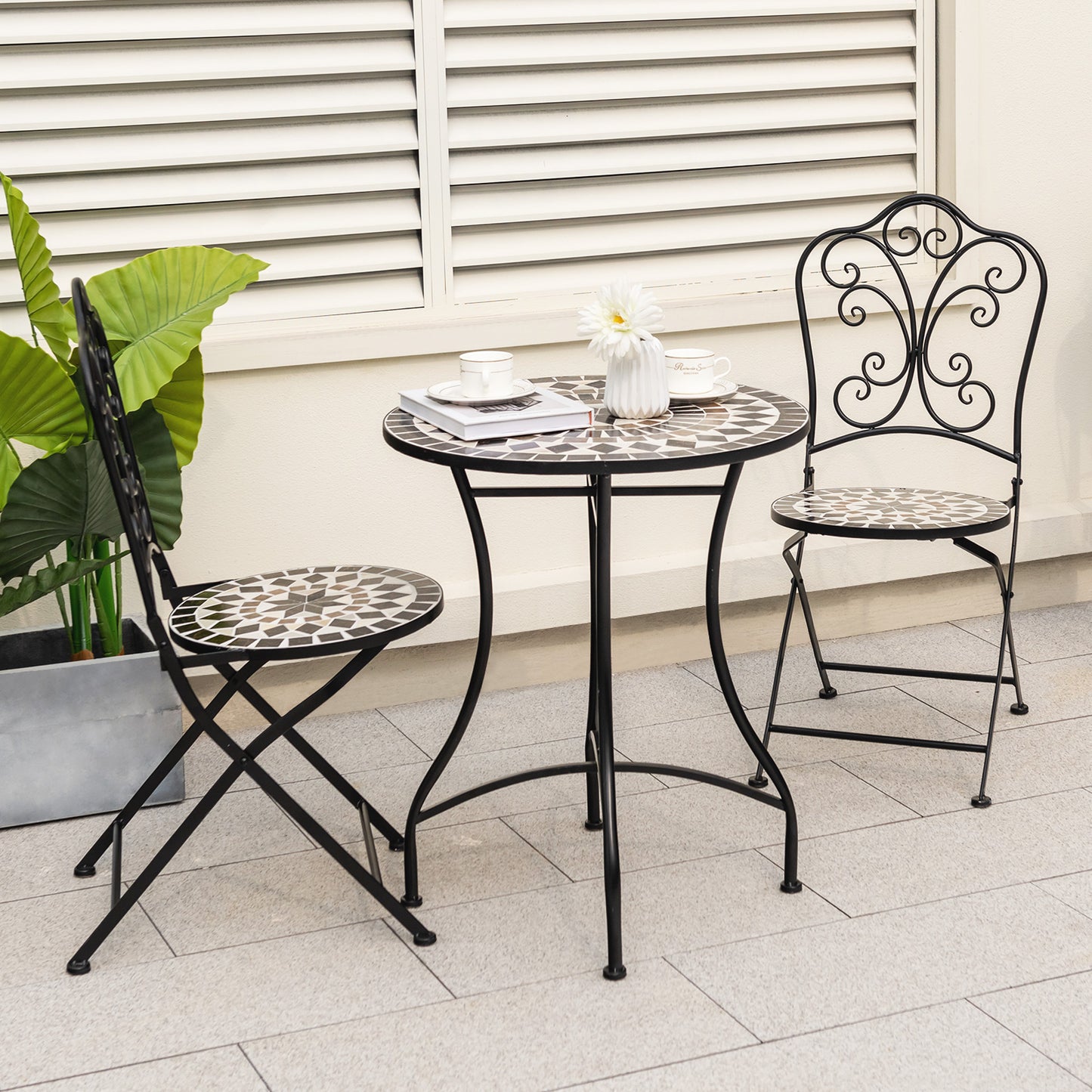 Set of 2 Mosaic Chairs for Patio Metal Folding Chairs-C, Black Patio Dining Chairs at Gallery Canada