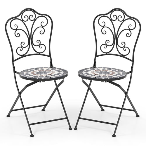 Set of 2 Mosaic Chairs for Patio Metal Folding Chairs-C, Black