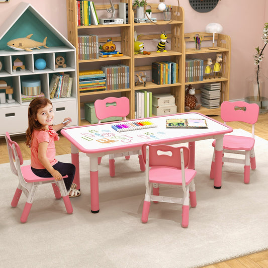 Kids Table and Chairs Set for 4 with Graffiti Desktop, Pink - Gallery Canada