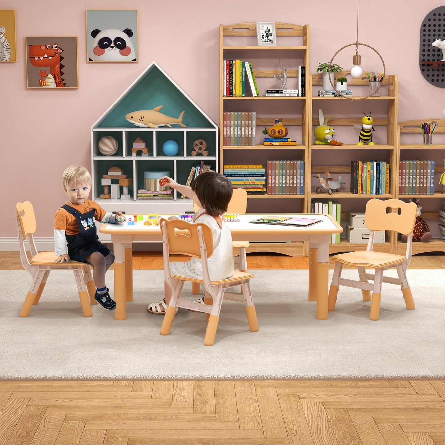 Kids Table and Chairs Set for 4 with Graffiti Desktop, Natural