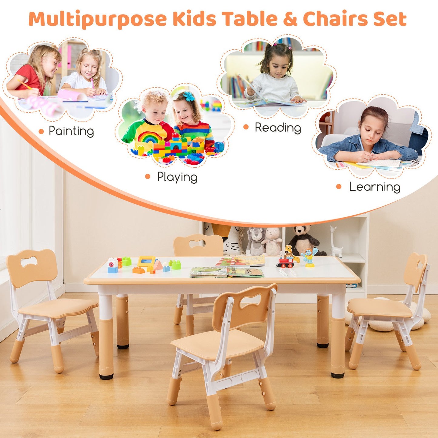 Kids Table and Chairs Set for 4 with Graffiti Desktop, Natural