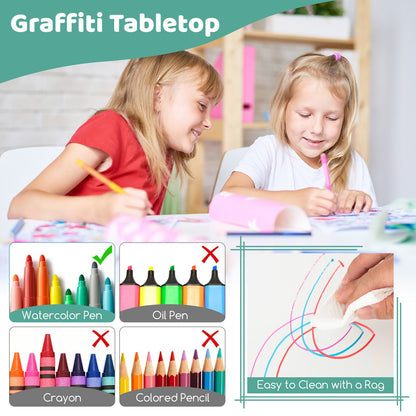 Kids Table and Chairs Set for 4 with Graffiti Desktop, Green