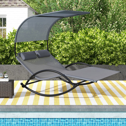 Outdoor Dual Rocker Sunbed 2-Person Canopied Patio Lounger with Detachable Headrests, Gray - Gallery Canada