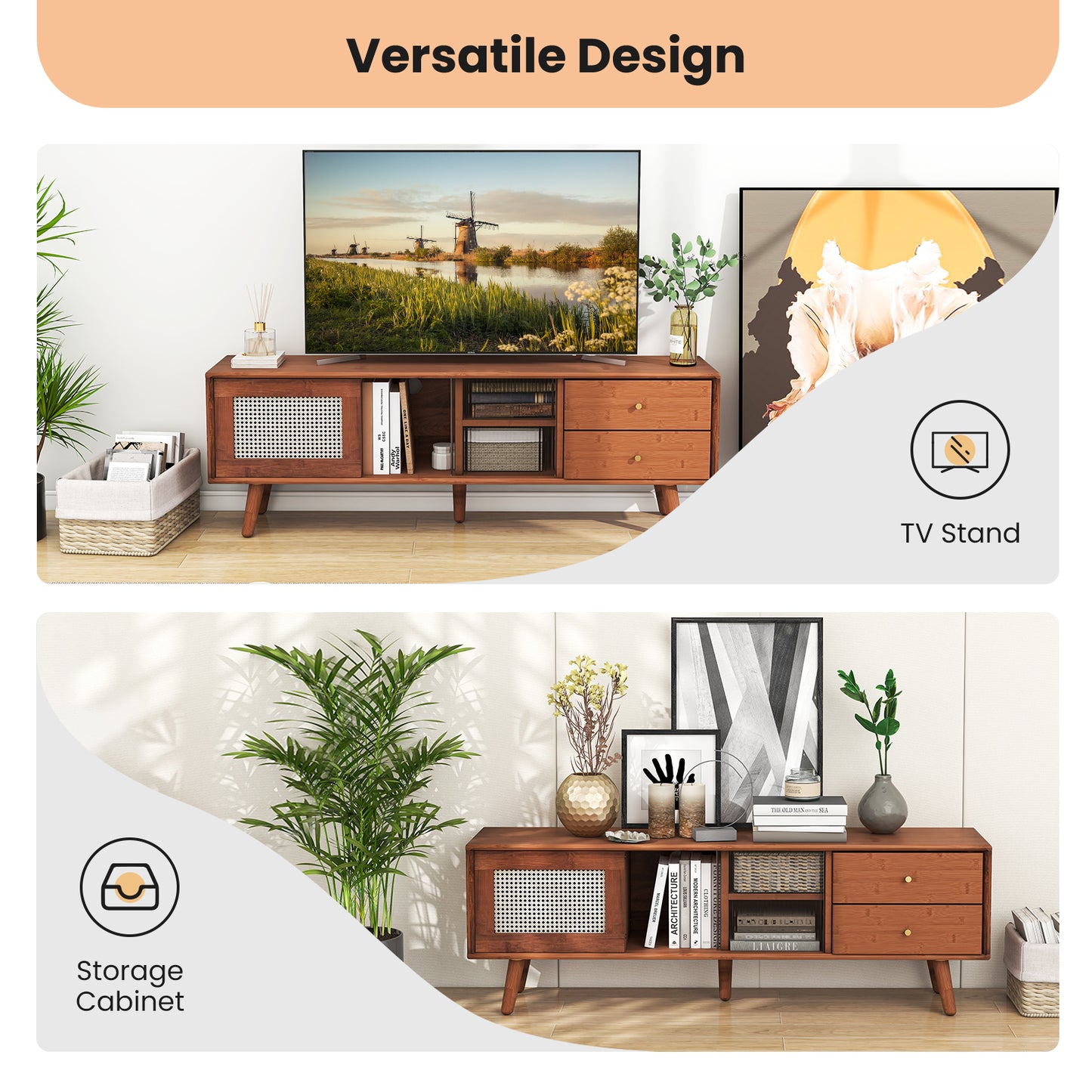 Bamboo TV Stand for TV up to 65 Inch, Brown End & Side Tables at Gallery Canada