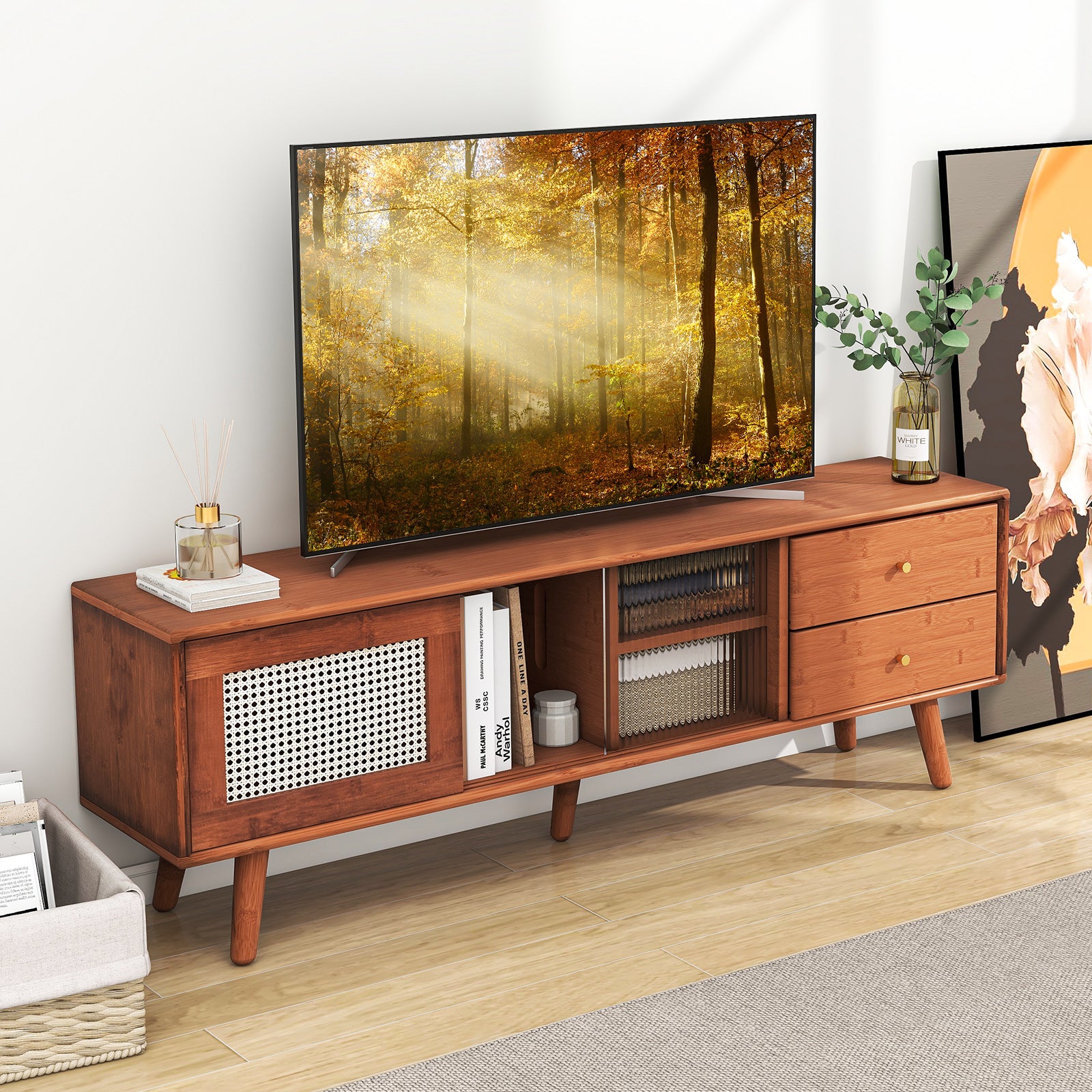 Bamboo TV Stand for TV up to 65 Inch, Brown End & Side Tables at Gallery Canada