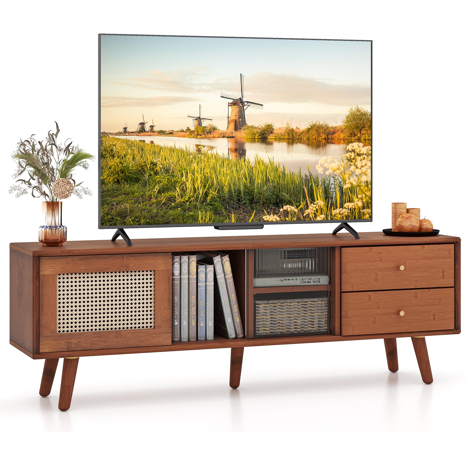 Bamboo TV Stand for TV up to 65 Inch, Brown End & Side Tables at Gallery Canada