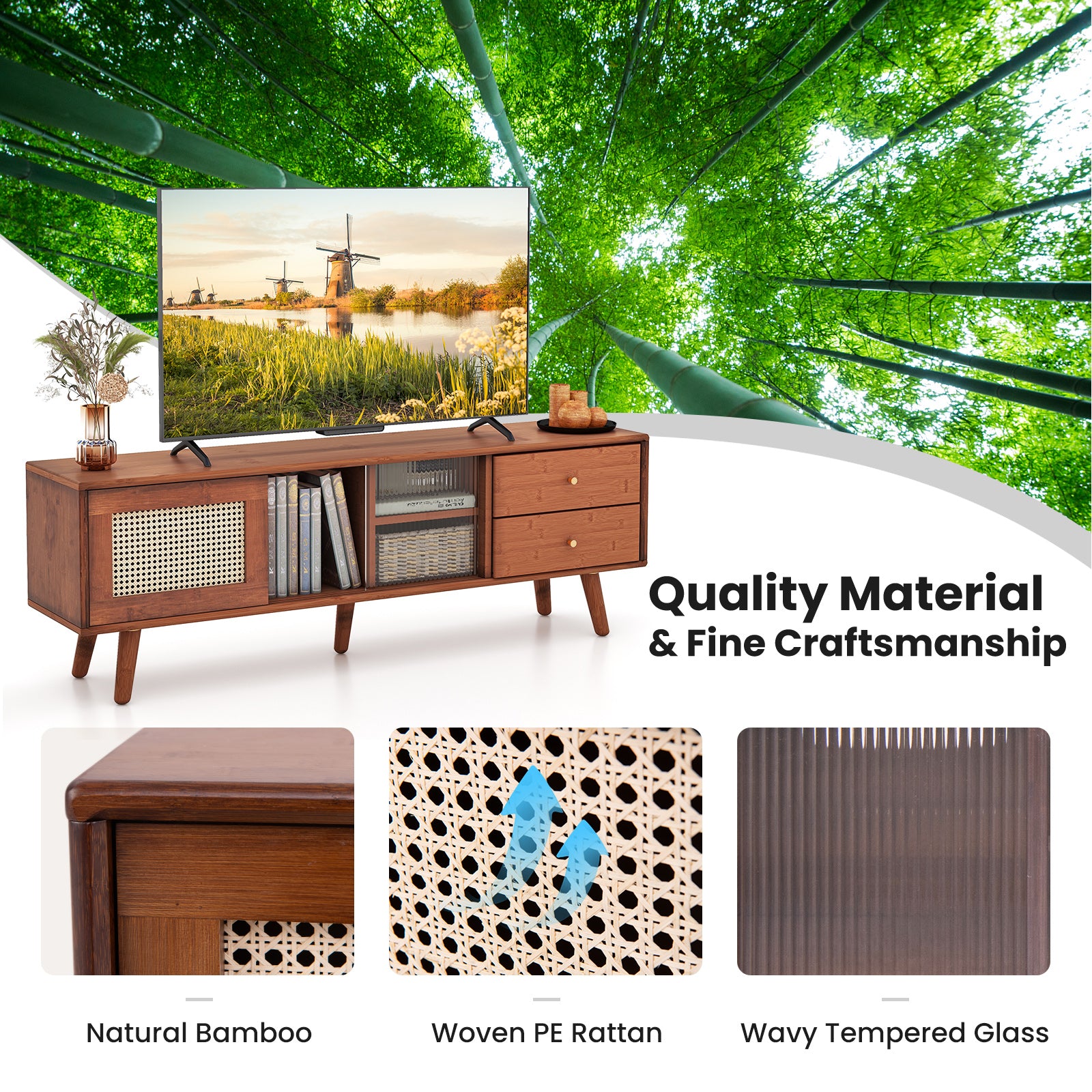 Bamboo TV Stand for TV up to 65 Inch, Brown End & Side Tables at Gallery Canada