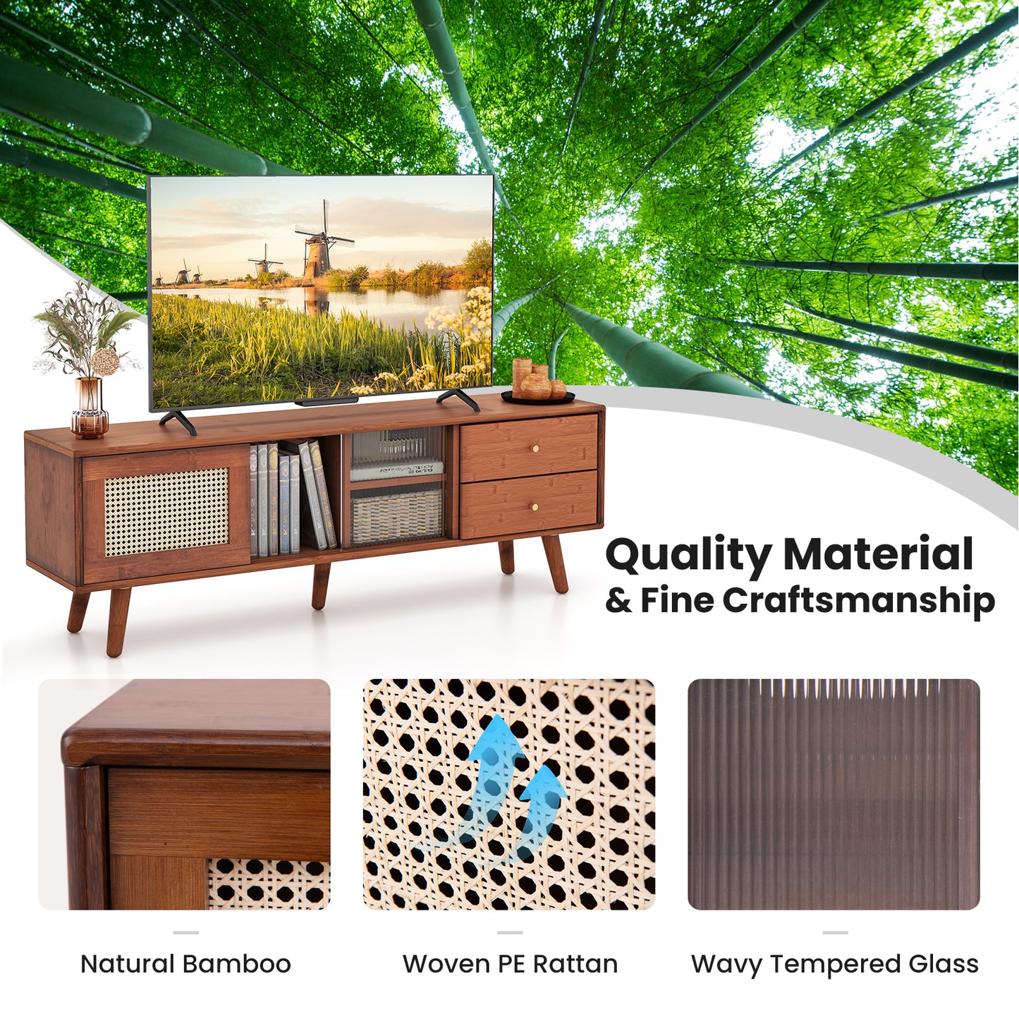 Bamboo TV Stand for TV up to 65 Inch, Brown End & Side Tables at Gallery Canada