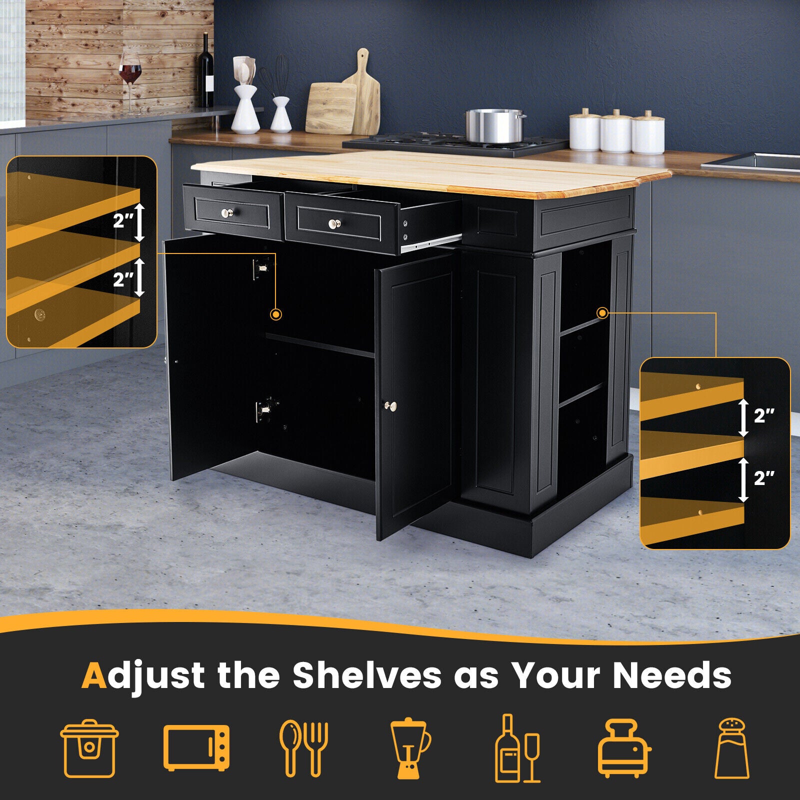 Kitchen Island with Storage and 3-Level Adjustable Shelves, Black Kitchen Islands & Carts at Gallery Canada