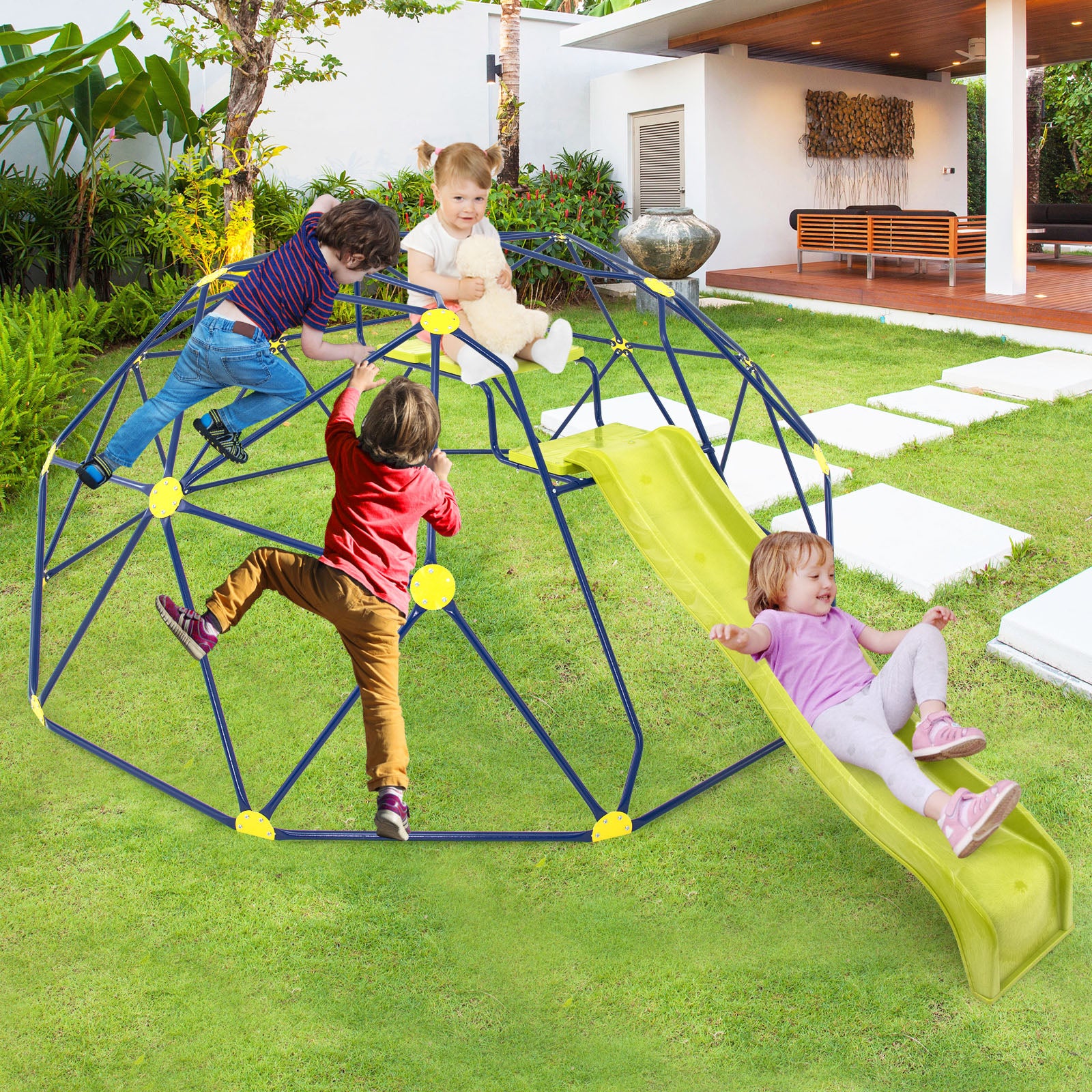13.3 FT Climbing Dome Geometric Dome Climber with Extended Wavy Slide and 2 Rest Platforms, Multicolor Climbers & Slides at Gallery Canada