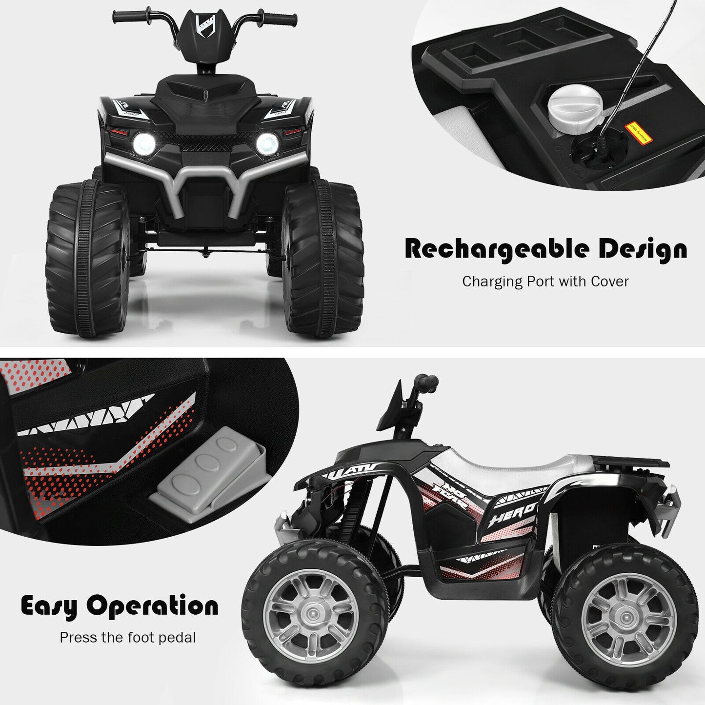 12V Kids Ride on ATV with LED Lights and Treaded Tires and LED lights, Black Powered Ride On Toys at Gallery Canada