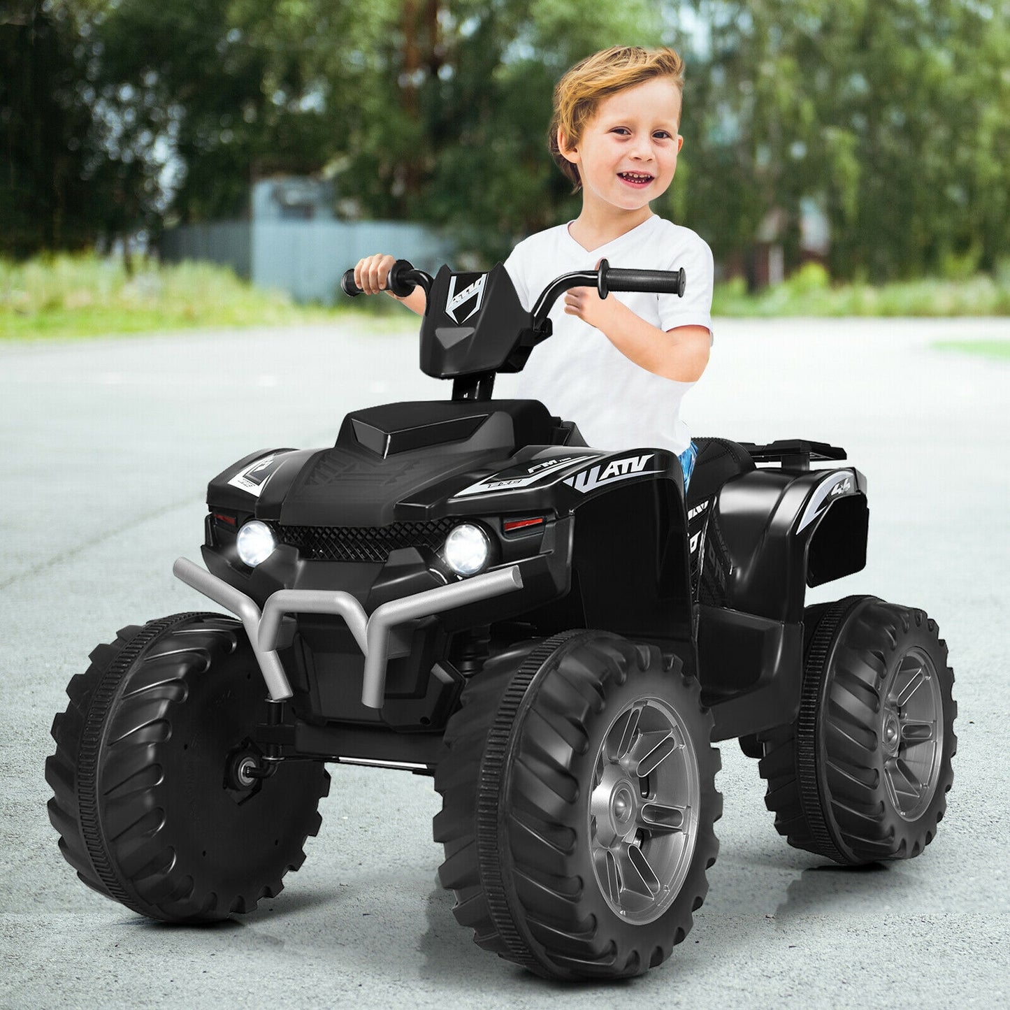 12V Kids Ride on ATV with LED Lights and Treaded Tires and LED lights, Black Powered Ride On Toys at Gallery Canada