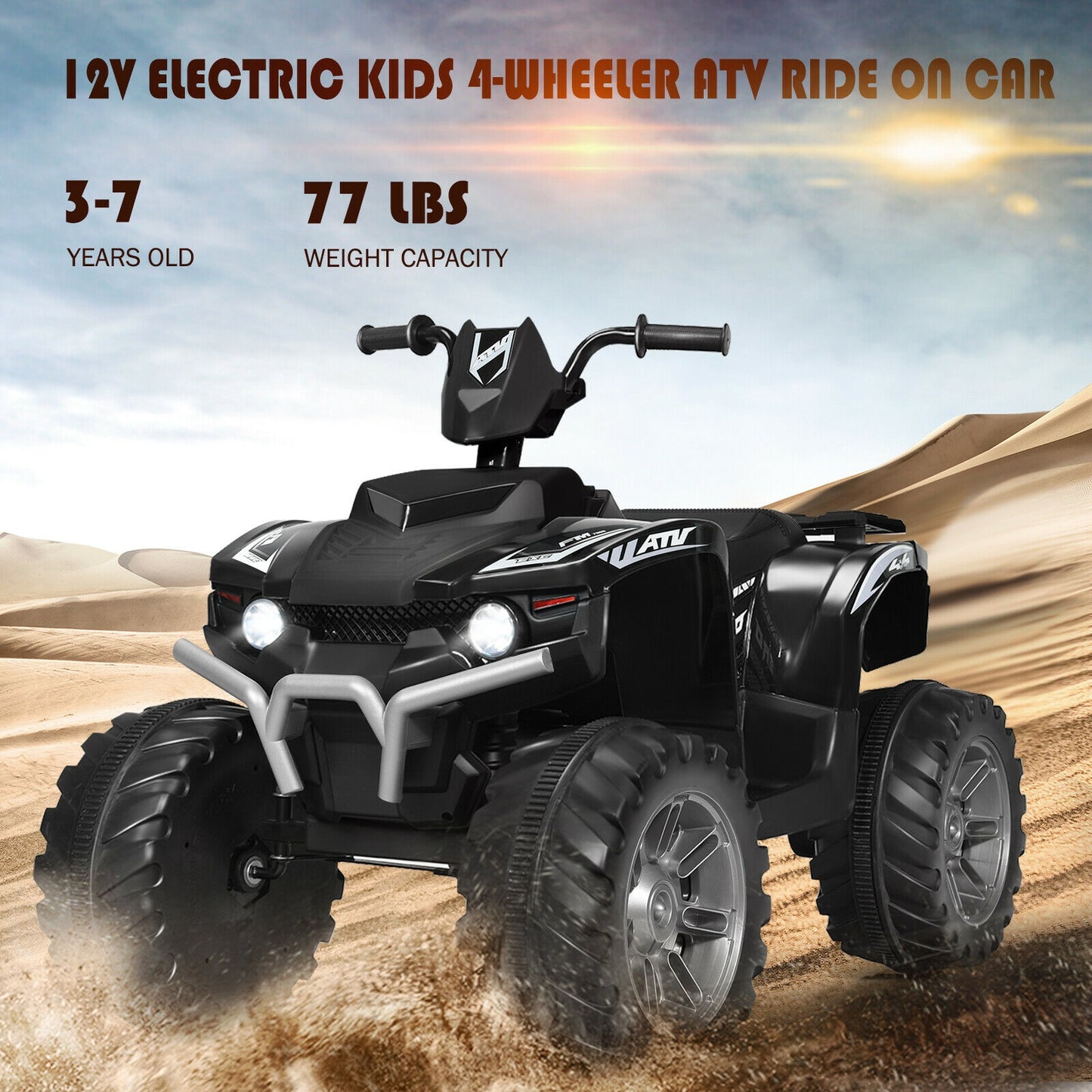 12V Kids Ride on ATV with LED Lights and Treaded Tires and LED lights, Black Powered Ride On Toys at Gallery Canada