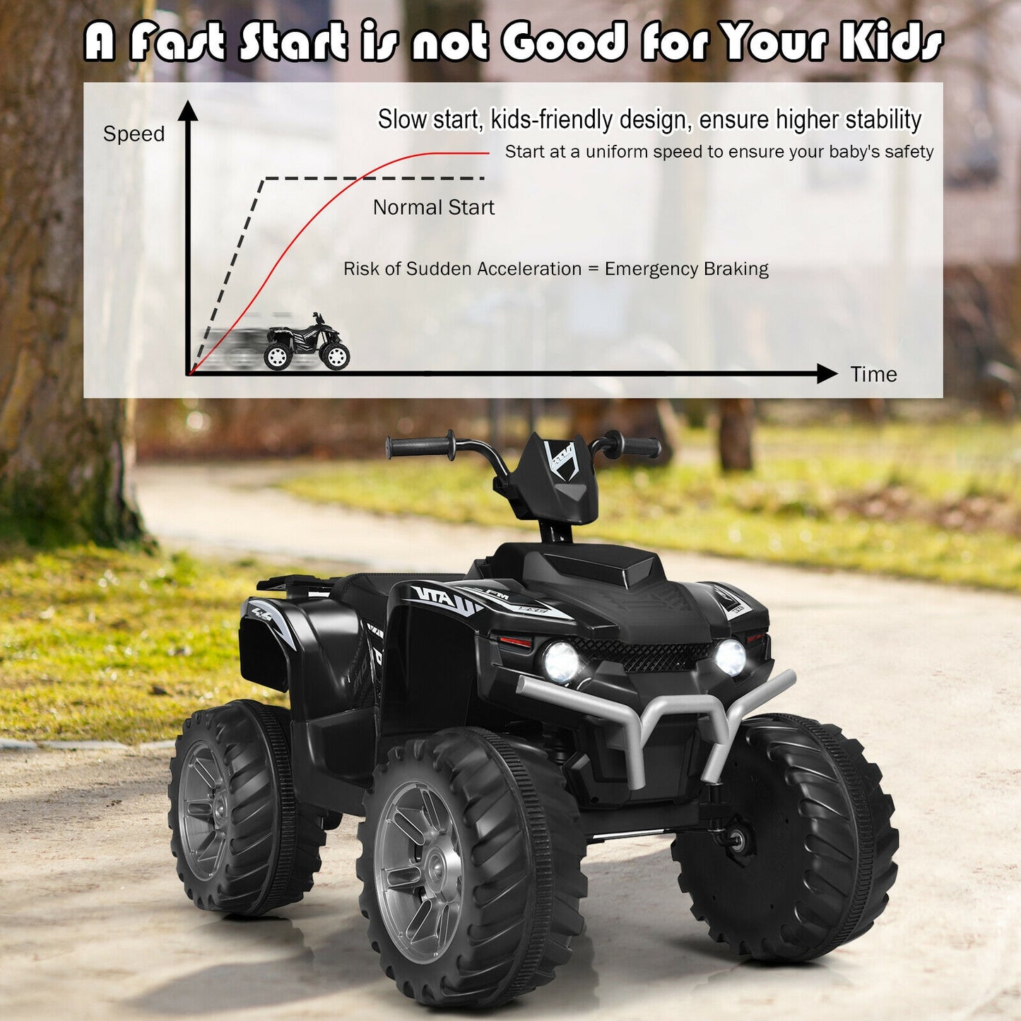 12V Kids Ride on ATV with LED Lights and Treaded Tires and LED lights, Black Powered Ride On Toys at Gallery Canada