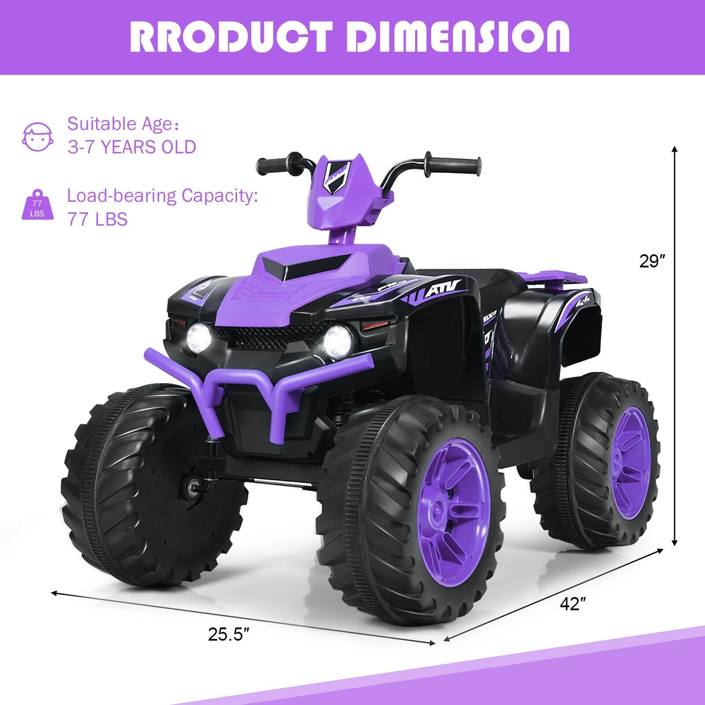 12V Kids Ride on ATV with LED Lights and Treaded Tires and LED lights, Purple Powered Ride On Toys at Gallery Canada