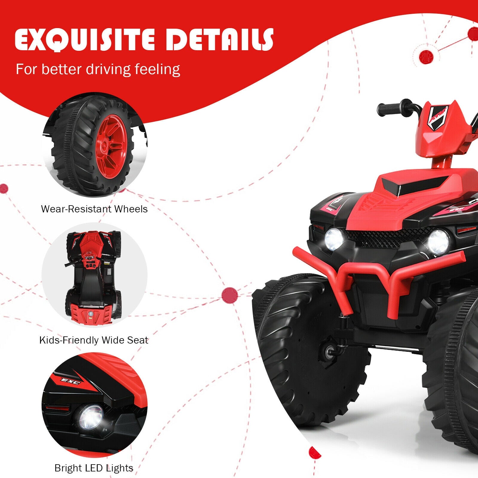 12V Kids Ride on ATV with LED Lights and Treaded Tires and LED lights, Red Powered Ride On Toys at Gallery Canada