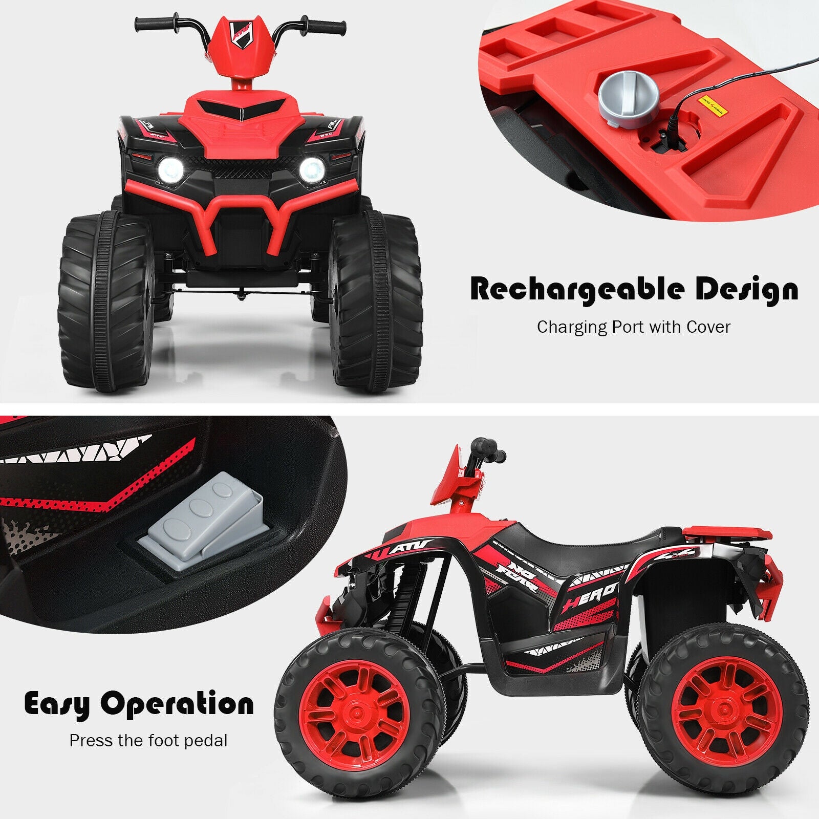 12V Kids Ride on ATV with LED Lights and Treaded Tires and LED lights, Red Powered Ride On Toys at Gallery Canada