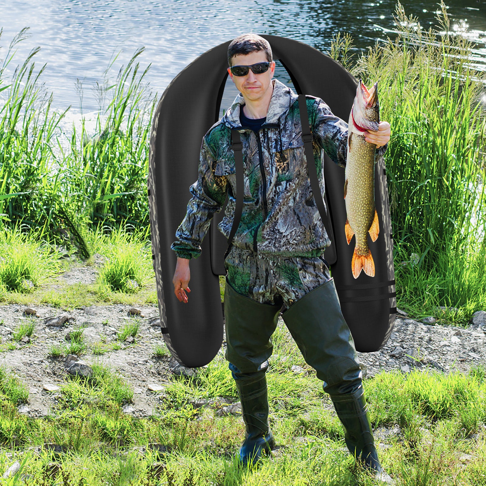 Inflatable Fishing Float with Adjustable Straps and Storage Pockets, Camouflage Surfing at Gallery Canada