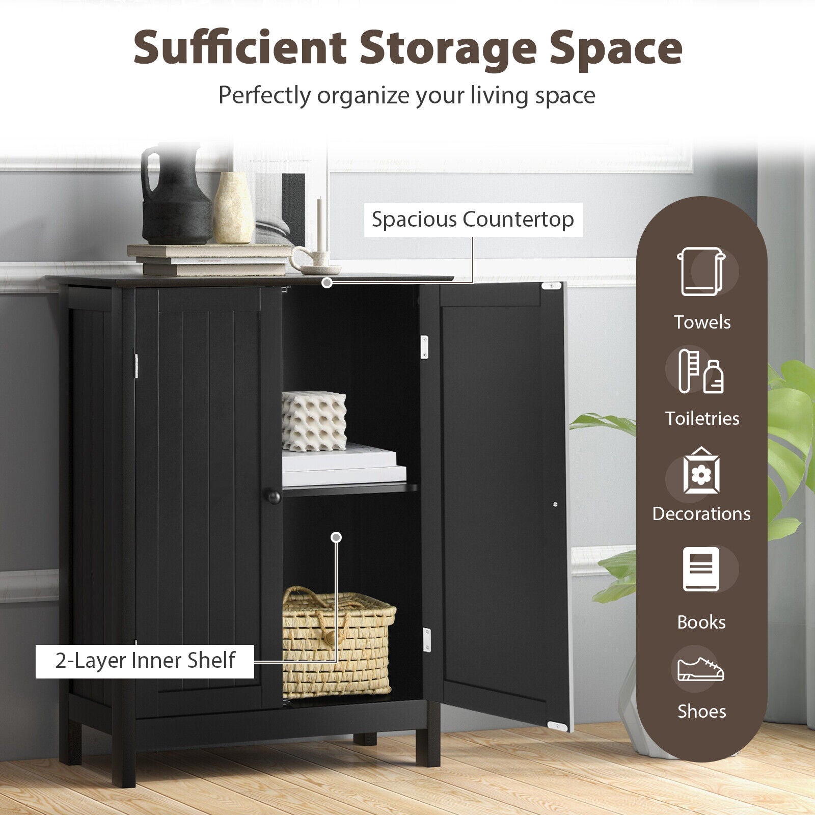 2-Door Freee-Standing Bathroom Cabinet with Shelf, Black Floor Cabinets at Gallery Canada
